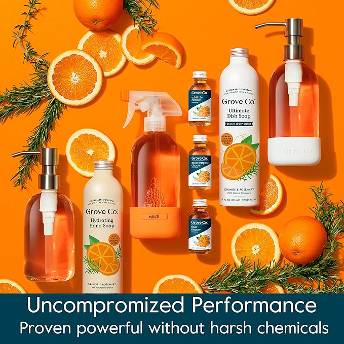 Grove Co. Glass Cleaner Refill Concentrate (6 x 1 Fl Oz) Streak Free Plant-based Household Cleaning Supplies No Plastic Waste Orange &amp Rosemary Fragrance 3 x 2 Pack Refills
