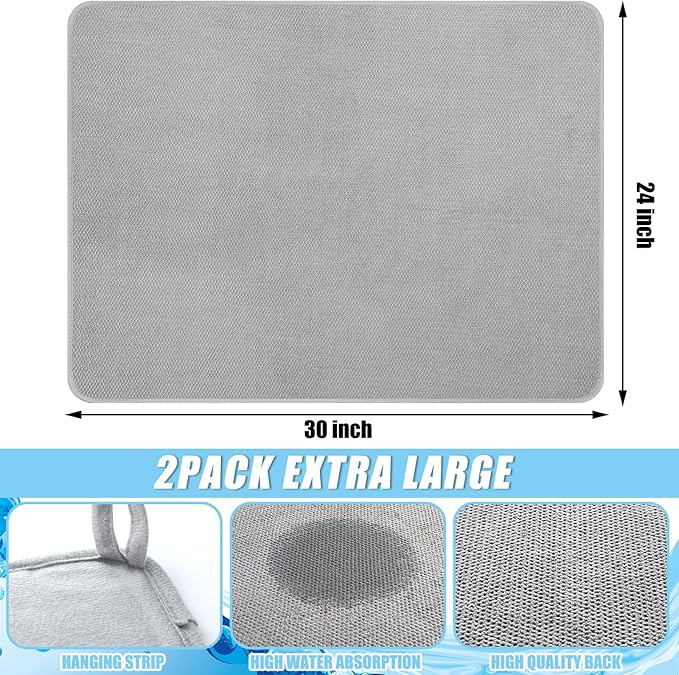 Hushee 2 Pack Extra Large Dish Drying Mat Microfiber Absorbent Dish Drying Pad Large Size Dishes Drainer Mats for Countertop Sink Refrigerator or Dryer (30 x 24 InchGray)