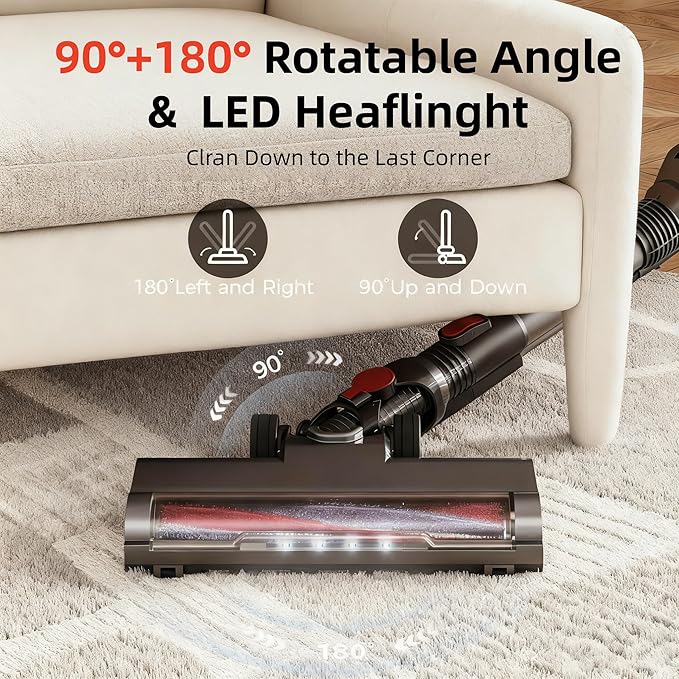 Cordless Vacuum Cleaner for HomeCleans Under Furniture Without Bending40Kpa 45MinsSelf-StandingPowerful Stick Vacuum Cordless for Pet HairHard FloorsCarpetsCar