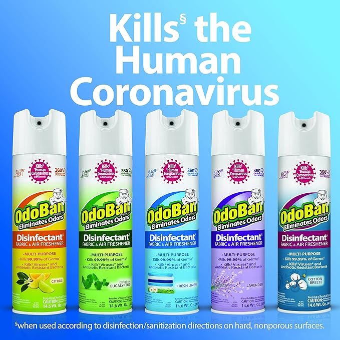 OdoBan Ready-to-Use 360-Degree Continuous Spray Disinfectant and Harsh Aroma Eliminator Fabric and Air Freshener 2 Pack 14.6 Ounces Each Lavender Scent