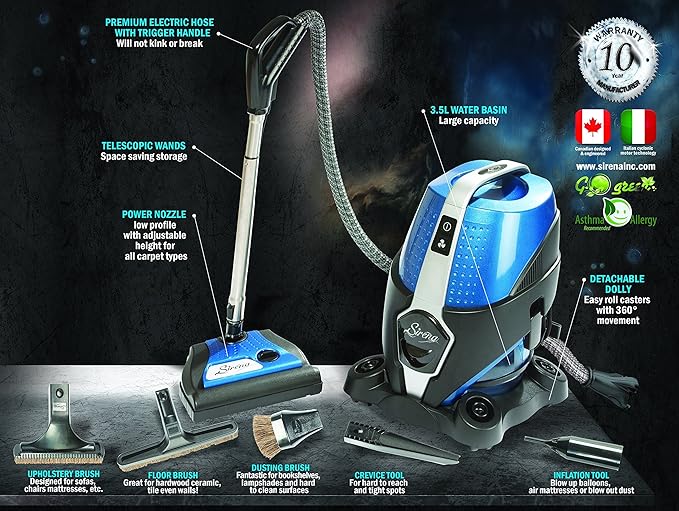 Sirena Vacuum Cleaner – Water Filtration 2-Speed Bagless Canister Vacuum Cleaner Allergy/Pet Pro