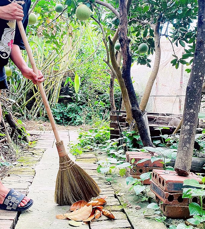 Vietnamese Natural Whisk Broom - Straw Soft Broom - Long Handle Broomstick for Cleaning Decoration Wedding with 45.28 inch Length