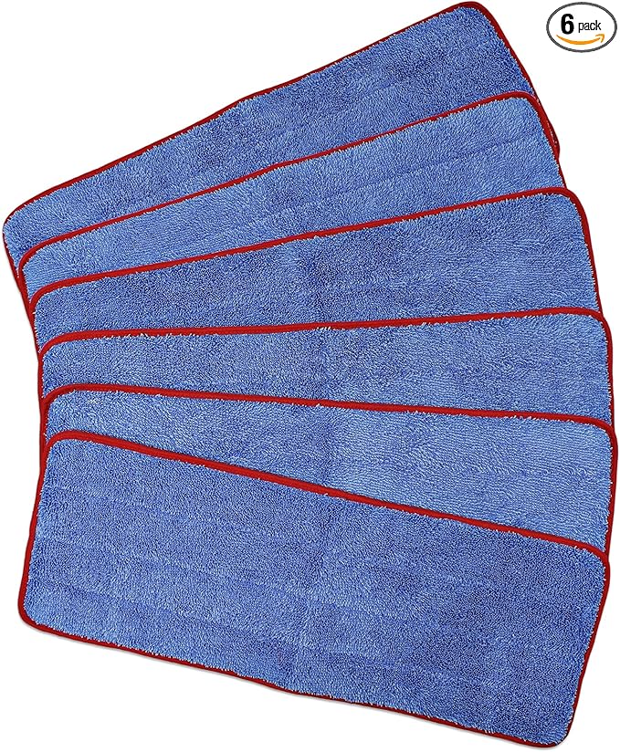CleanAide All-Purpose Mega Microfiber Mop Pads with Hook &amp Loop Backing for Home &amp Commercial Cleaning Super Absorbent Reusable Washable Traps Dust Dirt &amp Pet Hair 18” 6-Pack Red