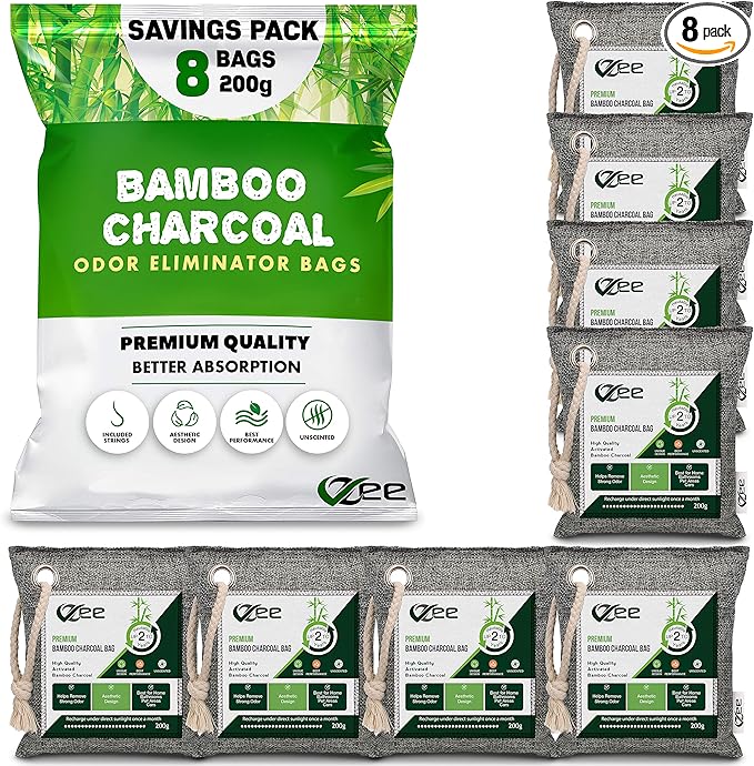 8 Bags x 200g Nature Fresh Activated Charcoal Odor Absorber Bamboo Charcoal Air Purifying Bag Odor Eliminator for Home Car Cigarette Smoke Dog Cat Shoes