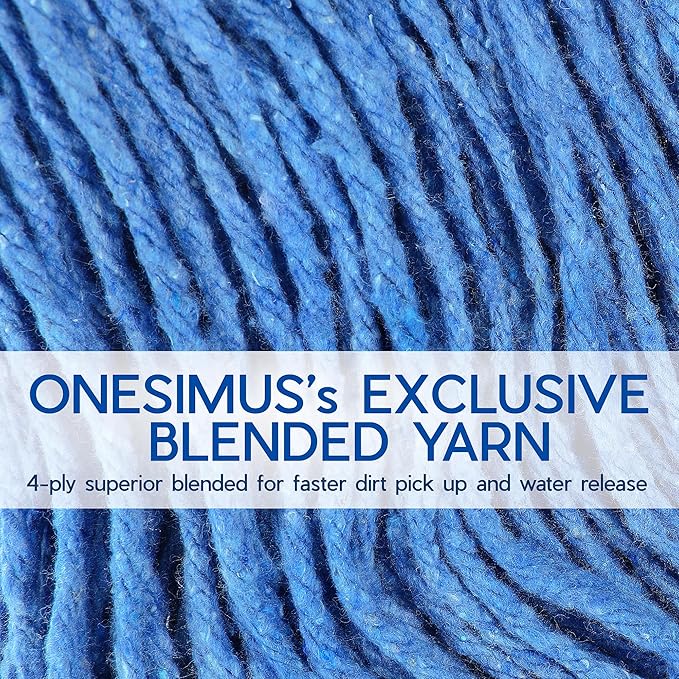 ONESIMUS Large Heavy-Duty Commercial Mop Head Replacement – Screw-On Wet Industrial Cotton Looped String Refill with Built-in Tough Polypropylene Bristle Brush for Floor Cleaning (Blue 6 Pack)