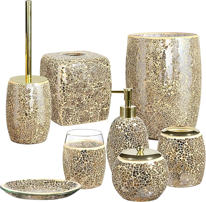 Whole HOUSEWARES | Modern Toilet Brush Set | Toilet Bowl Brush and Holder | Bathroom Accessory Set | Toilet Brushes for Bathroom | Freestanding Mosaic Toilet Bowl Cleaner (Gold)