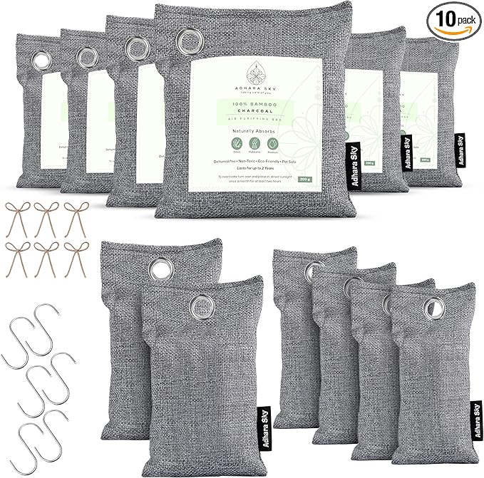 12 Pack Bamboo Charcoal Air Purifying Bag Activated charcoal Bags Odor Absorber Odor Eliminator for Home Car Office Closet &amp House Deodorizer (6X200g2X100g4X50g6 Hooks &amp Strings)