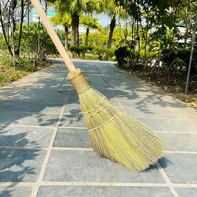 Vietnamese Straw Soft Broom for Cleaning with Long Handle Broom- Broom Decorative 9.45'' Width 45.28 Length