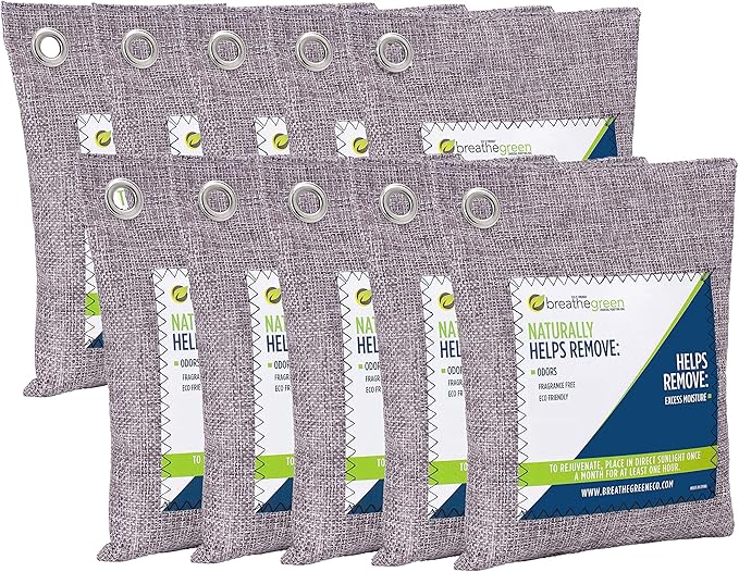 Breathe Green Charcoal Odor Eliminator Bags (10-Pack) | Activated Bamboo Charcoal Deodorizer | Natural Freshener Removes Odor &ampMoisture | Odor Eliminator for Car Closet Bathroom Gym Bag Shoes